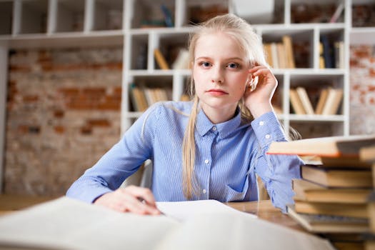 A young woman with blond hair studying at a table piled with books.